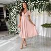 2024 Summer V-Neck Ruched Waist Puff Sleeve Swing Dress for Women