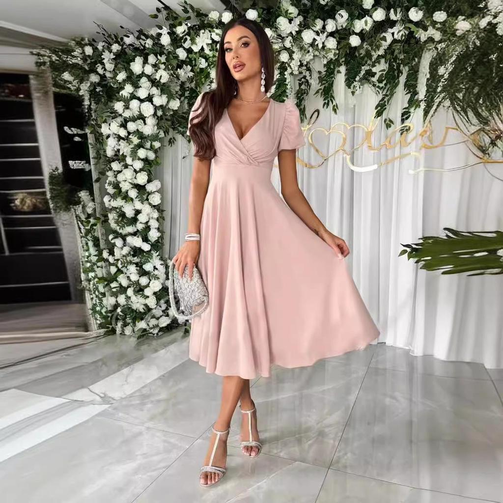2024 Summer V-Neck Ruched Waist Puff Sleeve Swing Dress for Women