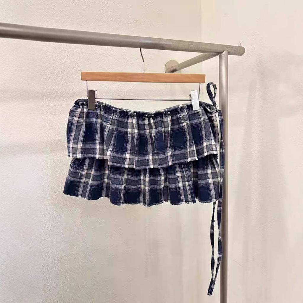 Temperament Tassel Edge Double-Layer Lace-Up Plaid Fart Curtain Short Skirt Stacked Through Skirt Curtain