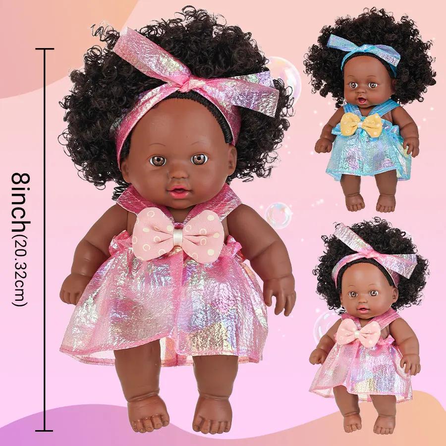 8 Inch Black Reborn Doll with Dress Curly Hair 20cm Realistic Baby Doll Simulation Toys Full Vinyl Body for Girls Birthday Gift