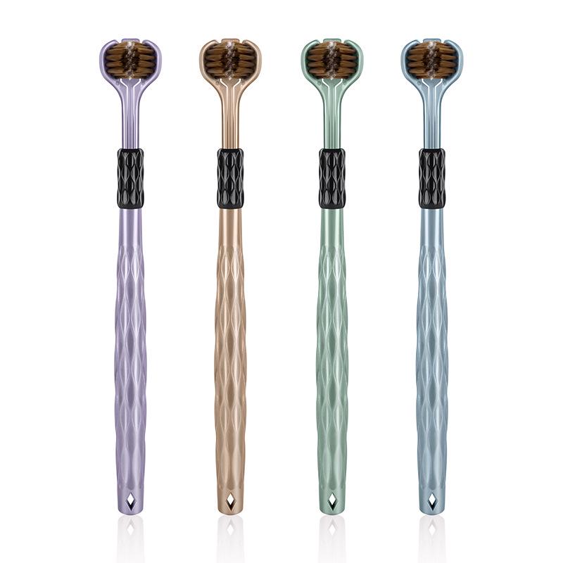 360 Triple-Head Toothbrush: Soft Bristles, 3D Design for Adults, Tongue Cleaner, Family Pack, Effective Dead Corner Cleaning.