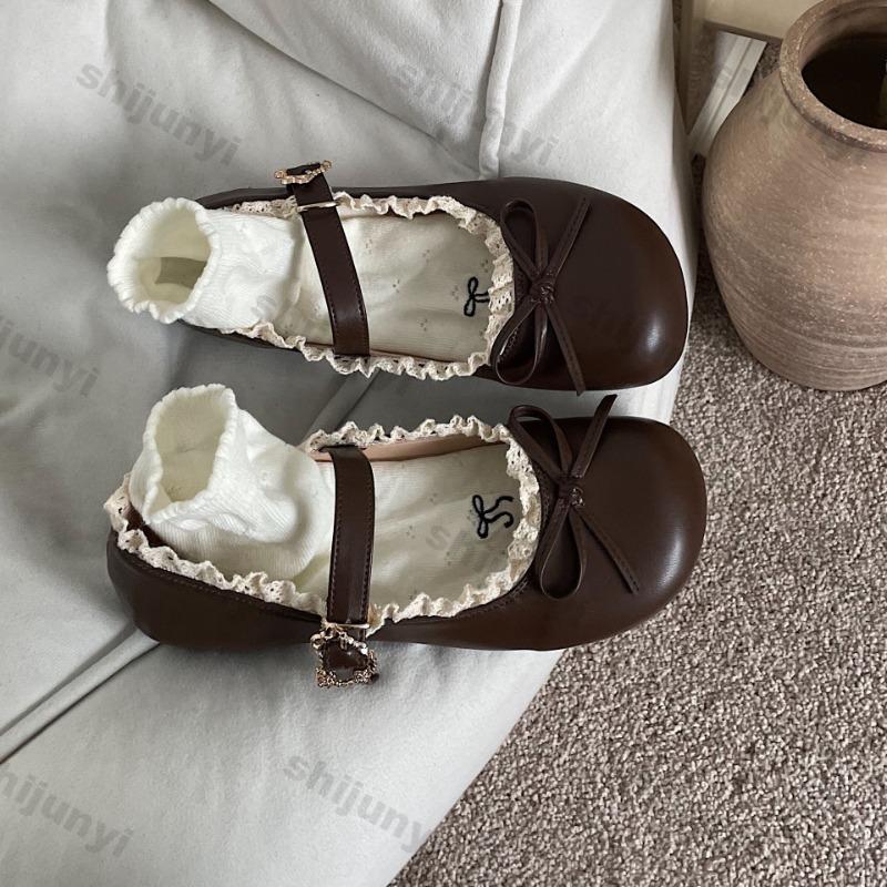 Women's Leather Shoes 2025 Spring Autumn Round Toe Vintage Fashion Bow-knot Flats Lightweight Comfortable Luxury Mary Jane Shoes