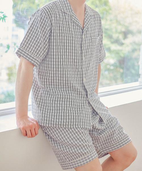[Pink Zone] Seersucker Men's Check Short Sleeve Pajama Set [Shipped from Korea] 100% Authentic