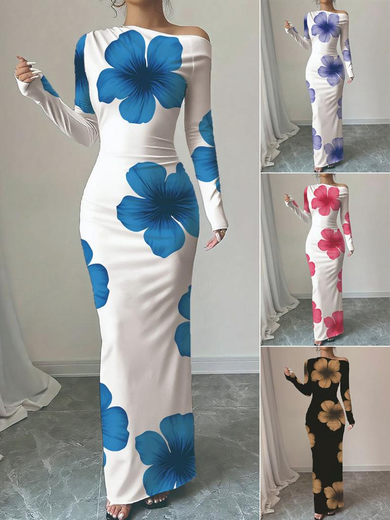 Autumn New Printed Long Dress Elegant Slim Fit Long Sleeve Dress Women Ready