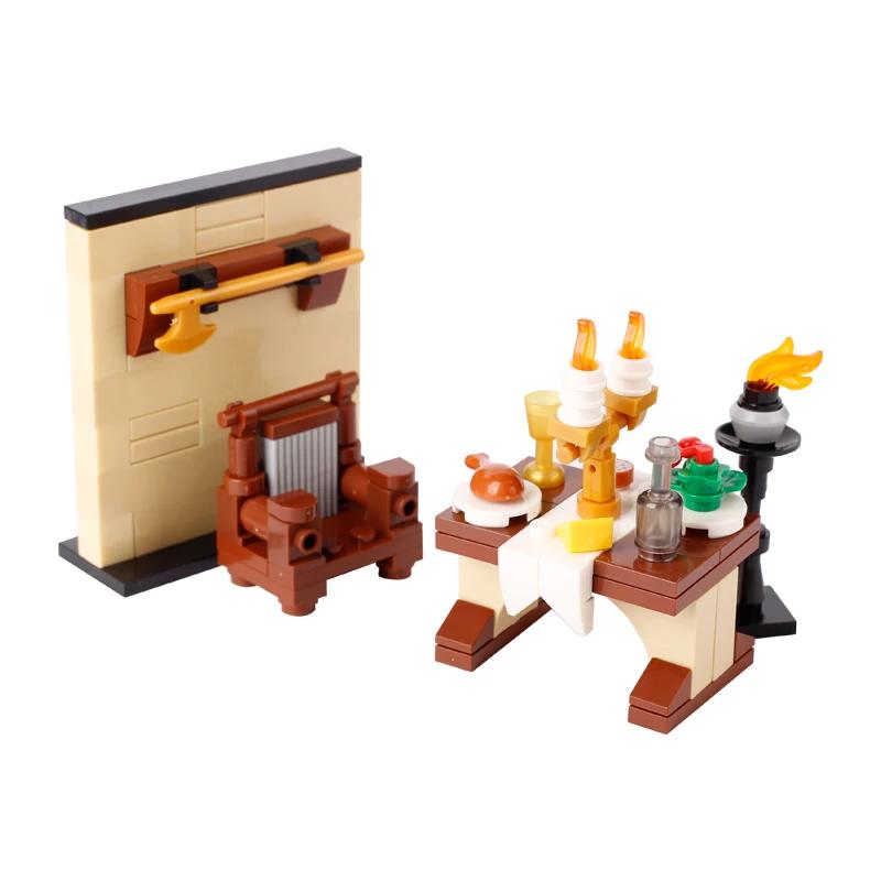 MOC Středověké Město Stavebnice Kuchyň Dům Nábytek Ložnice Jídelna Vojáci Figurky Helma Sestavení Dobytčí Cihly Hračky