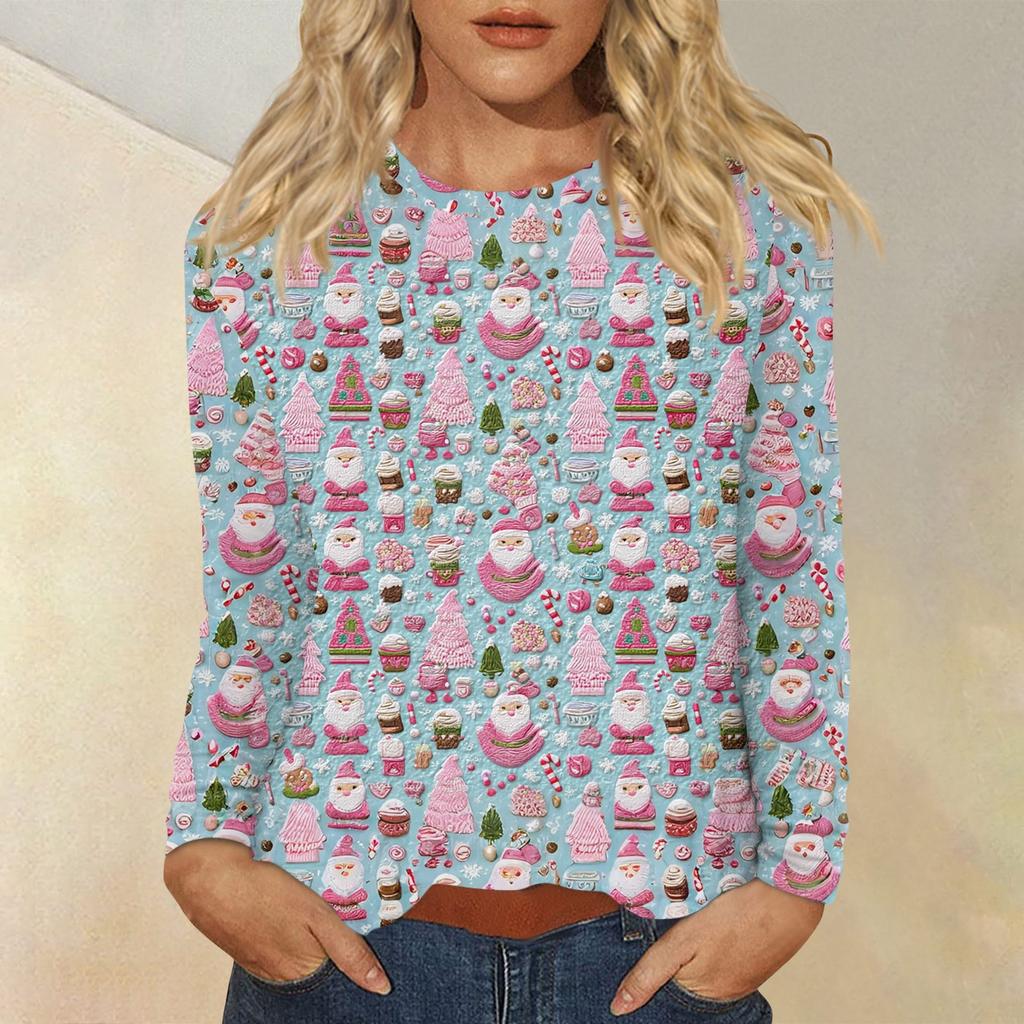 Women's Fashion Casual Christmas Printed Round Neck Long Sleeve Pullover Top