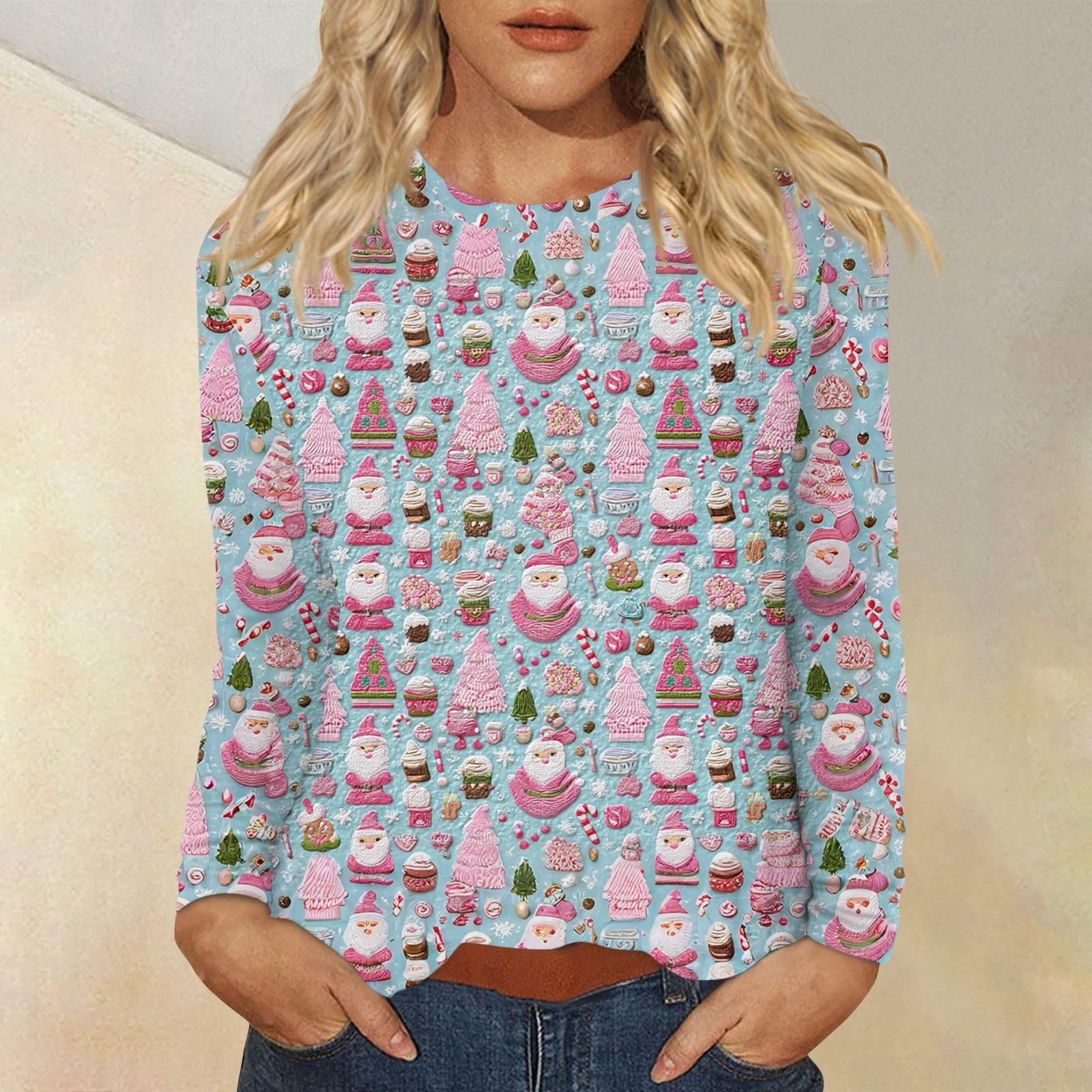 

Женская мода повседневный рождественский принт круглый вырез длинный рукав пуловер топ XL