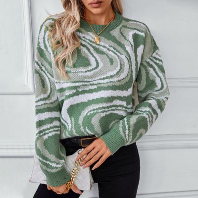 Suéter informal de punto con cuello alto para mujer, jersey holgado de manga larga con estampado de bloques de colores, suéteres de cuello redondo de punto extragrandes para otoño e invierno.