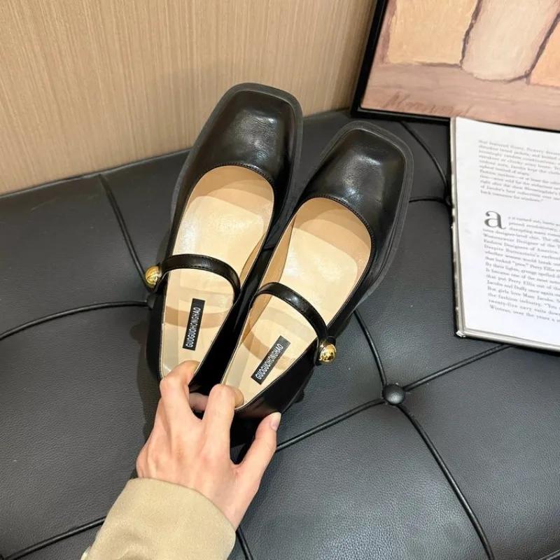 Spring New Coarse Heel Shoes Women's Square Head Shallow Mouth Metal Buckle Soft Sole Anti-slip Wear-resistant Heel Shoes