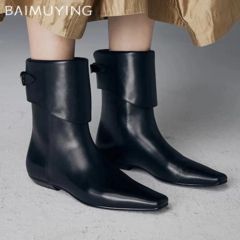 Flats Women Ankle Boots Square Toe Fashion Sexy Leather New Shoes 2025 Trend Designer Classic Buckle Goth Winter Botas De Mujer