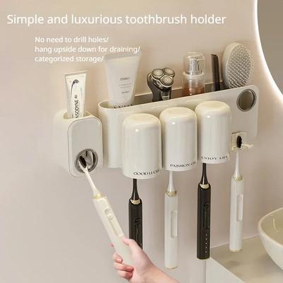 Toothbrush Holder Storage Rack Portable Hole Free Mouthwash Cup Holder Cream Wind Wall Mounted Toothbrush Holder Set