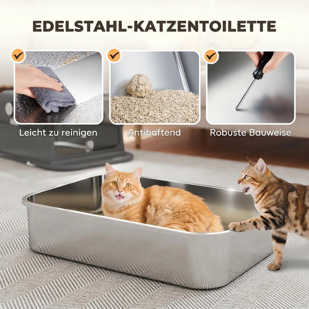Lettiera per Gatti in Acciaio Inossidabile con Coperchio XXL 72L per Gatti Grandi e Multipli con Doppia Porta, Paletta, Pedale, Anti-Perdita