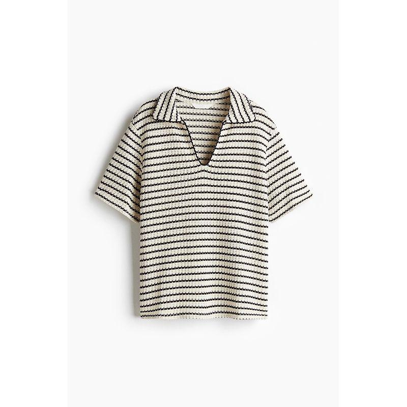 

HM Women s Clothing Fall 2025 New Arrival Texture Knitting Collared Top 1274589 White/Black Stripes 155/76