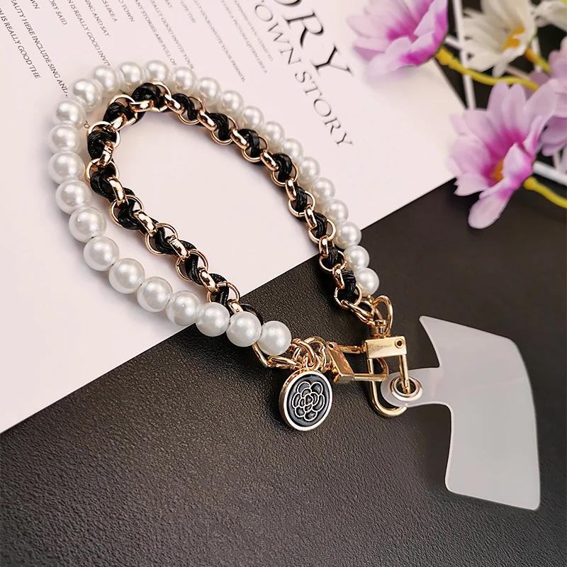 

Leather Pearl Camellia Mobile Phone Charm Bracelet Chain for IPhone Samsung Anti-lost Universal Cell Phone Strap Rope Pendant