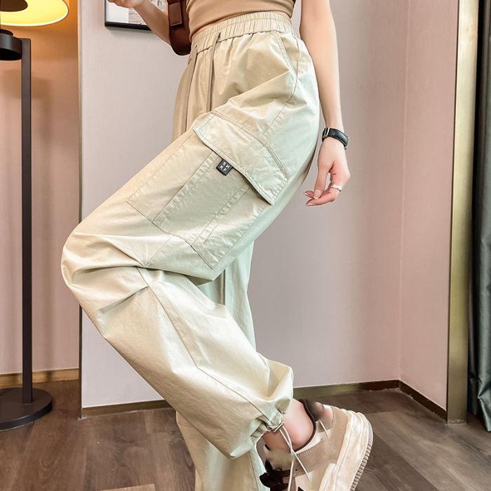Fashion Women Joggers Pants Casual Chic Straight Cargo Pants Elastic High Waist Streetwear Slim Trousers Summer Thin