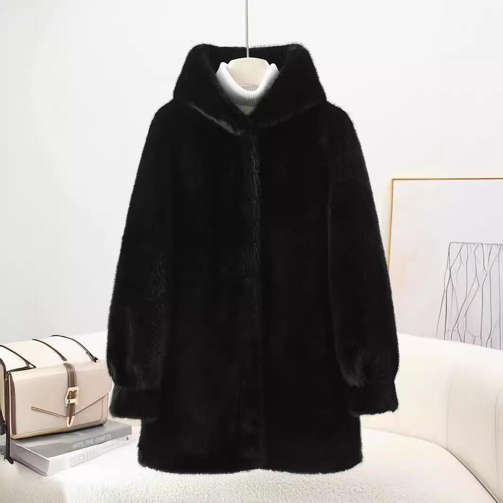 Fur-like One-piece Fur Coat for Women Imitation Mink Hooded Young Mid-length Outerwear