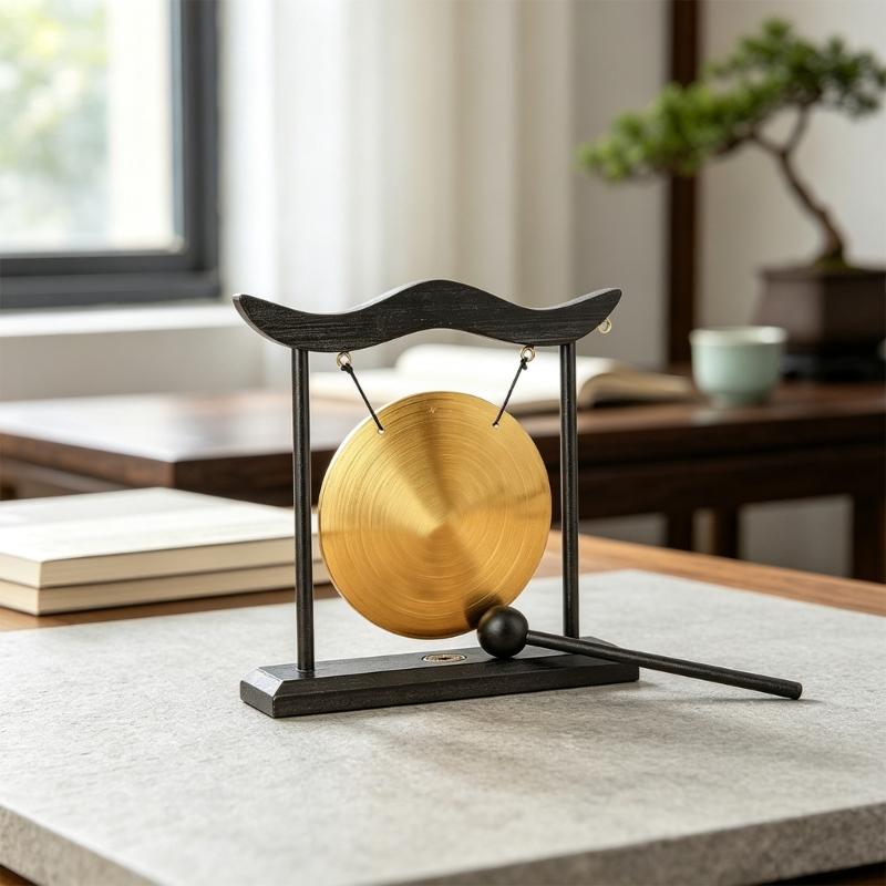 Dekoratives Desktop-Gong-Set mit Metallscheibe und Holzständer, Schlägeln, Chinesisch inspiriertes Schreibtisch-Akzentstück für Büro, Meditationsregal und Innenbereich