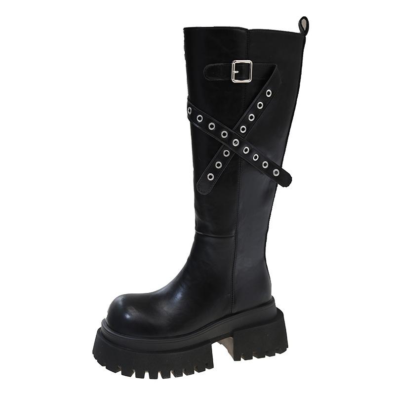 But Knee Boots Women's 2025 Autumn Explosion New Belt Buckle Handsome Heightening Tube Thick-soled Knight Boots Women's Boots