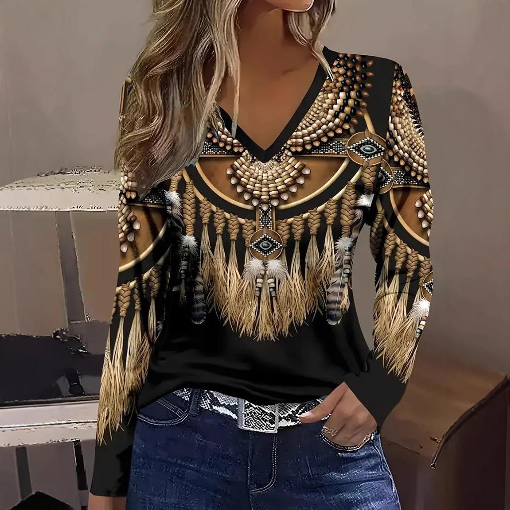 V-neck 3D Retro Ethnic Style Printed Top Fashionable Casual Long Sleeved Women's T-shirts