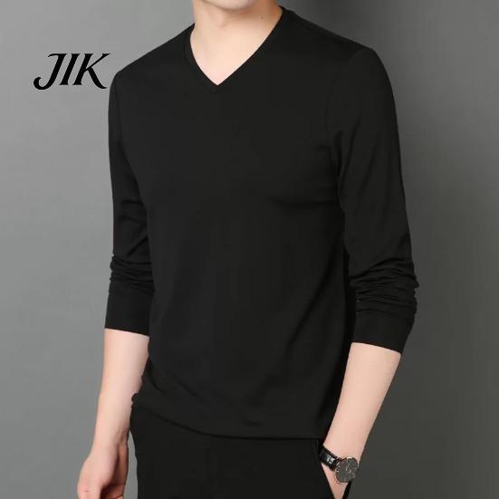 Spring Top Men Fall V Neck Long Sleeves Pure Color Autumn Clothes Slim Fit Thin Pullover T-shirt Daily Wear Sport Homewear