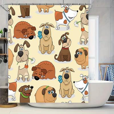 Colorful Cartoon Dog Print Shower Curtain for Bathroom Decor Home Decoration Waterproof Washable Yellow Background