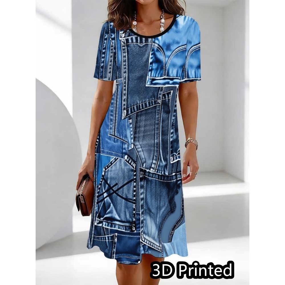 Big Size S-6XL Women's Printed Dress Summer Short Sleeve Round Neck Casual Mini Dress