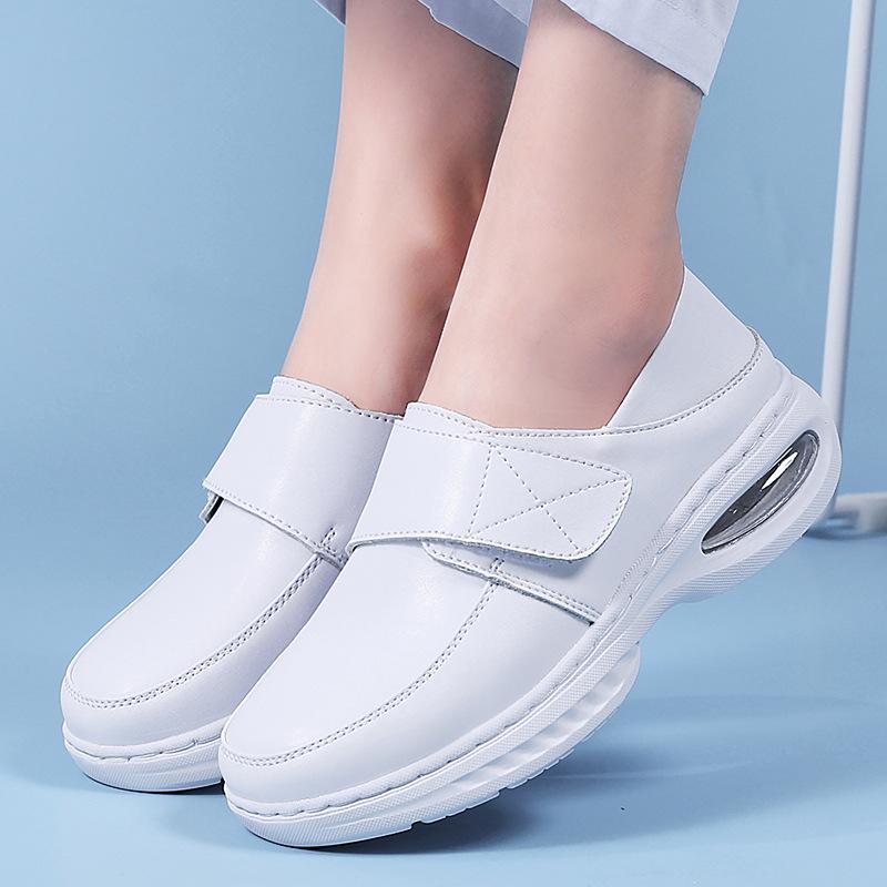Women's Breathable Genuine Leather Nurse Shoes - Soft Sole, Wedge Heel, Non-slip, Air Cushion, Comfortable White Work Shoes