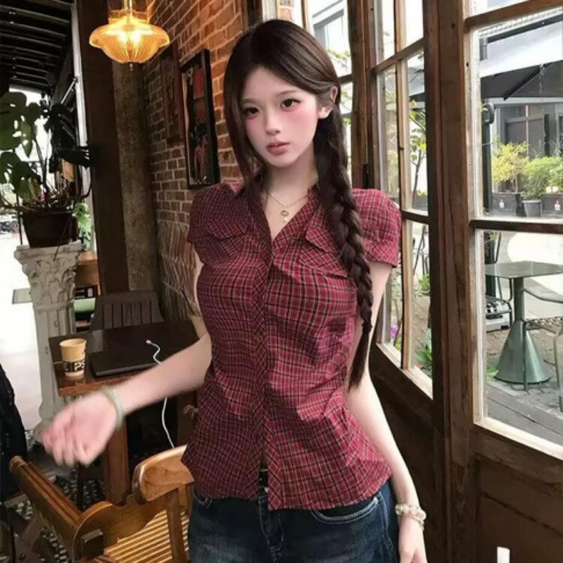 Women Red Plaid Waist Cinched Cropped Short Sleeve Retro Casual Shirt S