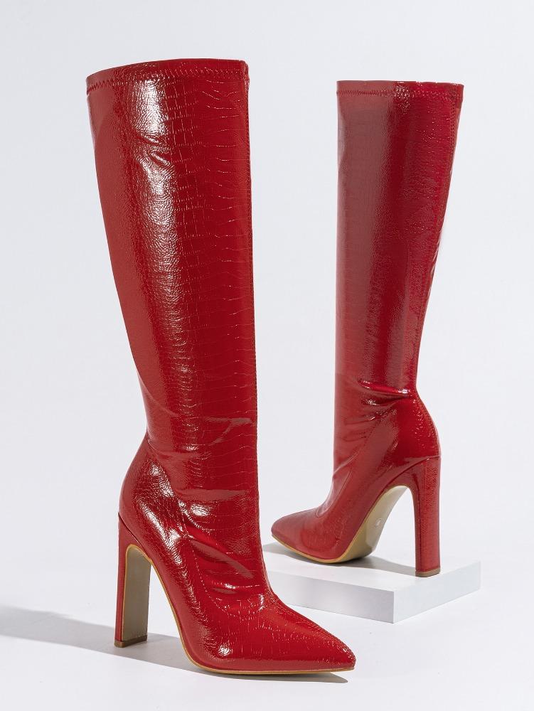 Sexy Women Biker Boots Winter New Side Zipper Fashion Stripper Stretch Knee High Boots Pointed Toe Plaid High Heels Party Botas