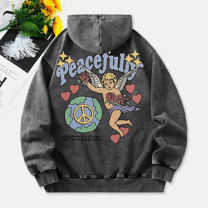 Mírumilovně Prané Mikina Dámská Potisk Andělská Láska Bavlna Mikina Děrovaná Kapsa Oversize Pulovry Dámské Oblečení