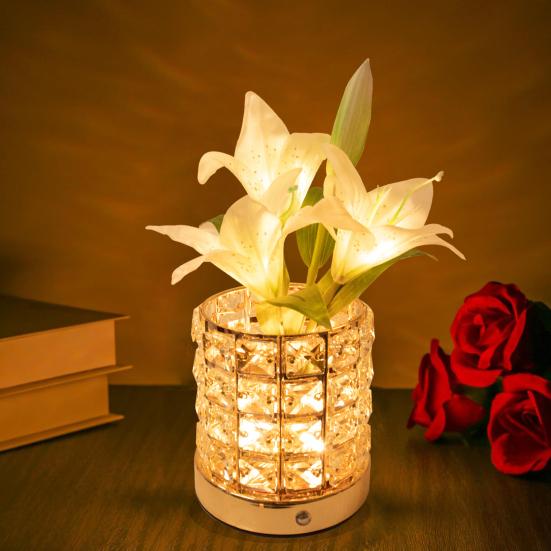 Yousheng Decorative Lights Lily Table Lamp USB Rechargeable Acrylic Crystal Vase Lamp with 3 Color Touch Dimmable Night Light for