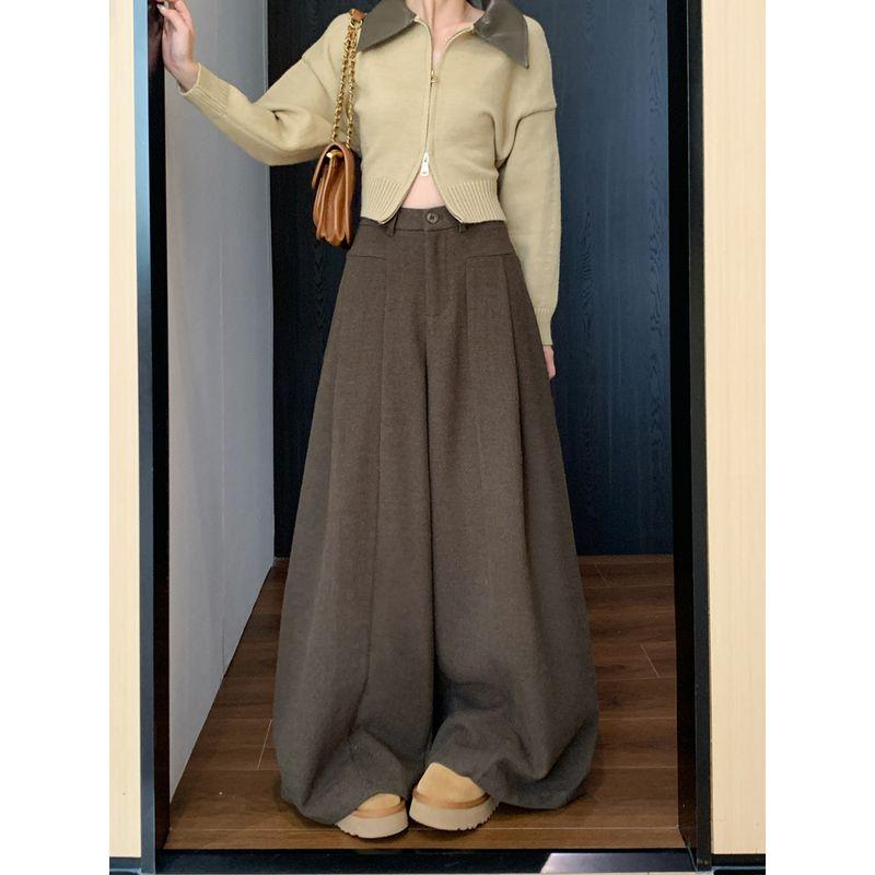 

High Waist Woolen Suit Pants Loose Draped Casual Pants Women s Autumn All-Match Wide Leg Pants Mop Trousers Gray Trousers Curry color M