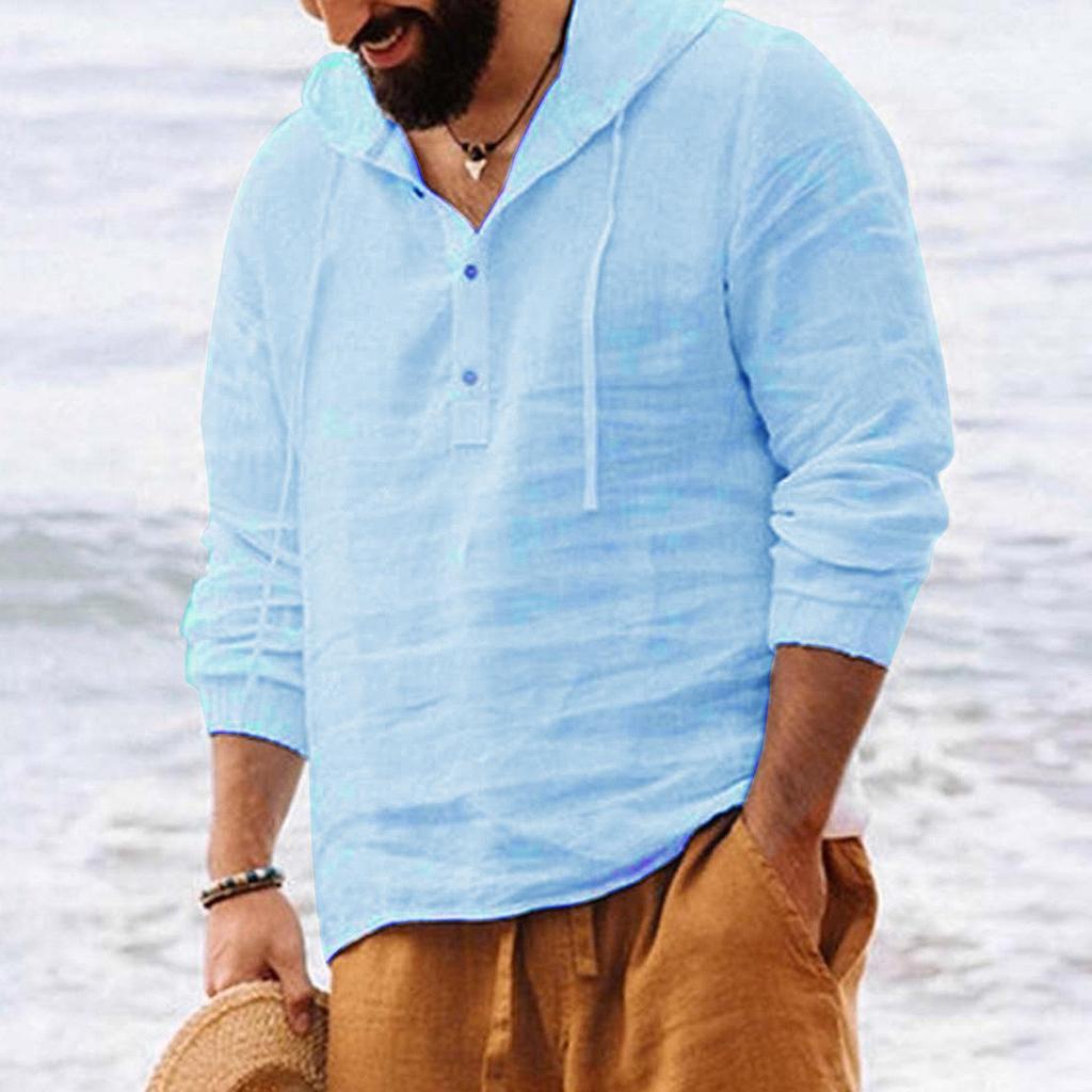 Męskie koszule z kapturem jednokolorowe bluzki z długim rękawem Casual guziki bawełniana pościel Vintage letnie koszule plażowe