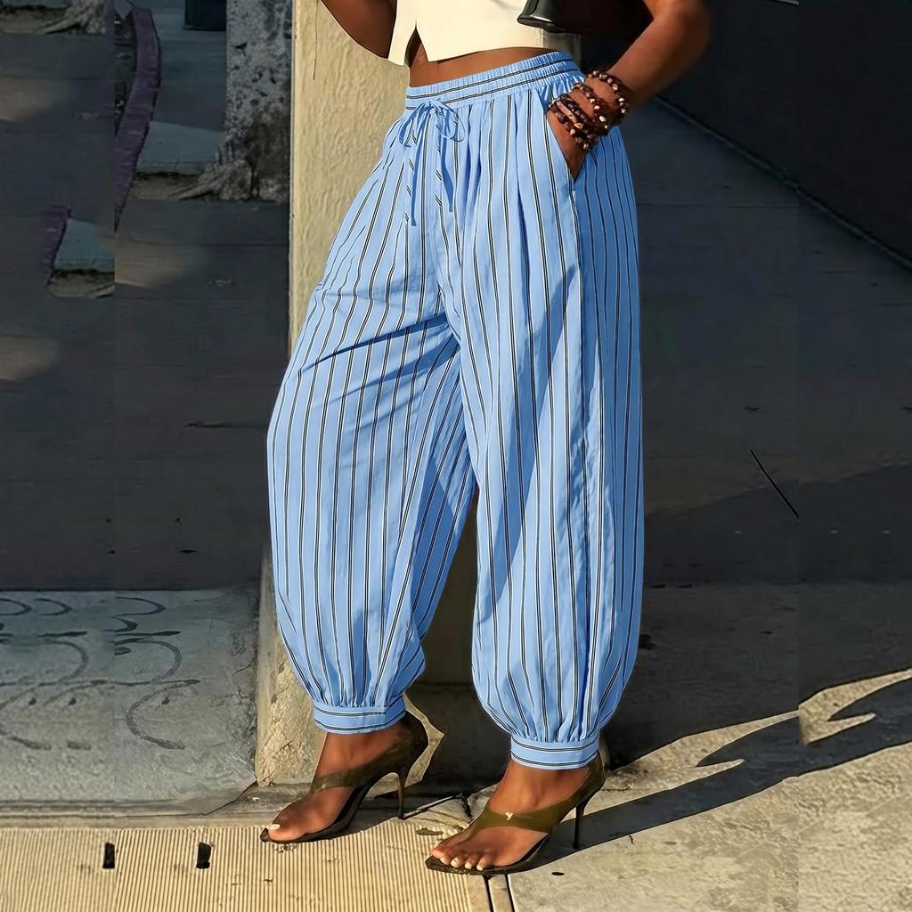 Women’s Loose Fit Casual Pants with Drawstring Waist Wide Leg Design Striped Print Lightweight Relaxed Style for Daily Wear