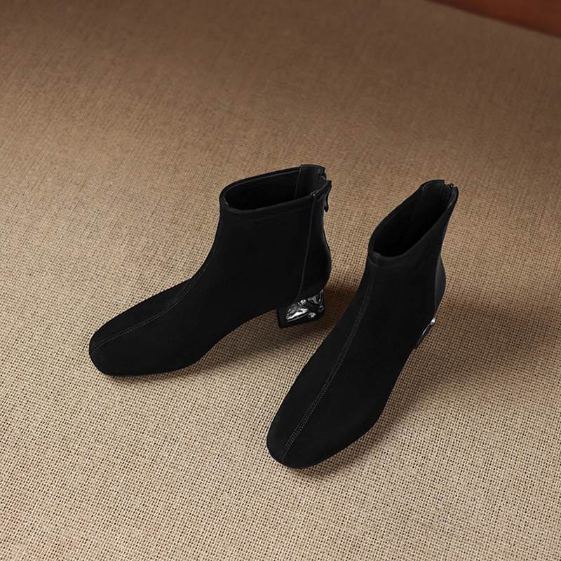 Krazing Pot Cow Suede Nubuck Winter Round Toe Chelsea Boots Med Heels Zipper Crystal Heels Women Ankle Boots