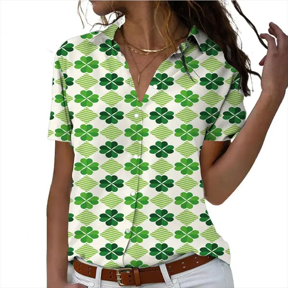 Elegant Women's Short Sleeve Shirts Casual Block Plaid 3D Printed Fashion Turndown Collar Basic Shirts Office Ladies Tops Blouse