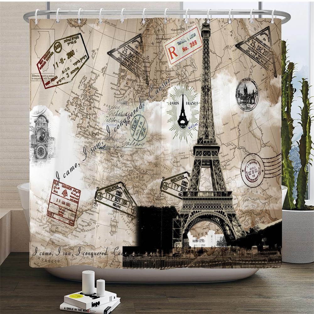 Vintage Scenery Paris Tower Home Decor Waterproof Shower Curtain Set With 12 Hooks Toilet Covers Bath Mats Bathroom Non-Slip Rug