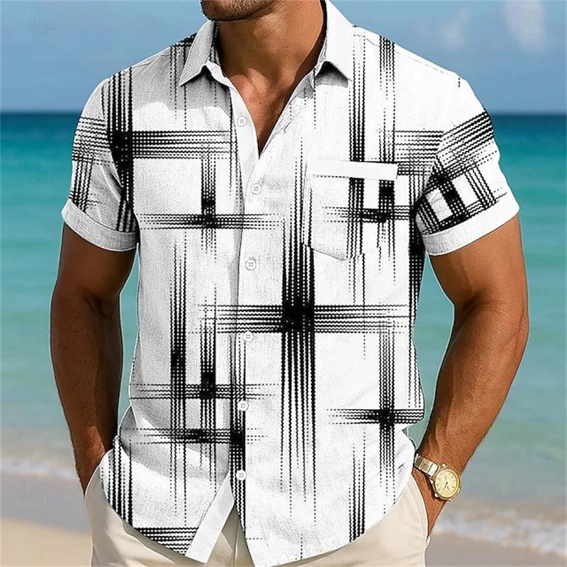 

Fashion Casual Men s Geometric Color Block Shirt Button Up Shirt Casual Short Sleeve Daily Vacation Summer 3XL білий