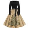 Halloween Print Flare Dress For Women Long Sleeve Dress Hollow Party Casual Round Neck Dresses