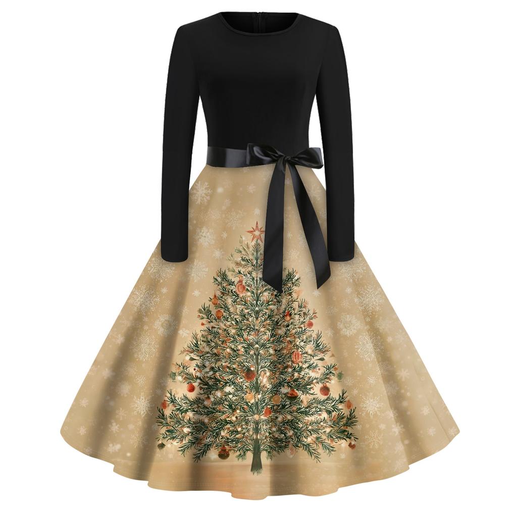 Halloween Print Flare Dress For Women Long Sleeve Dress Hollow Party Casual Round Neck Dresses