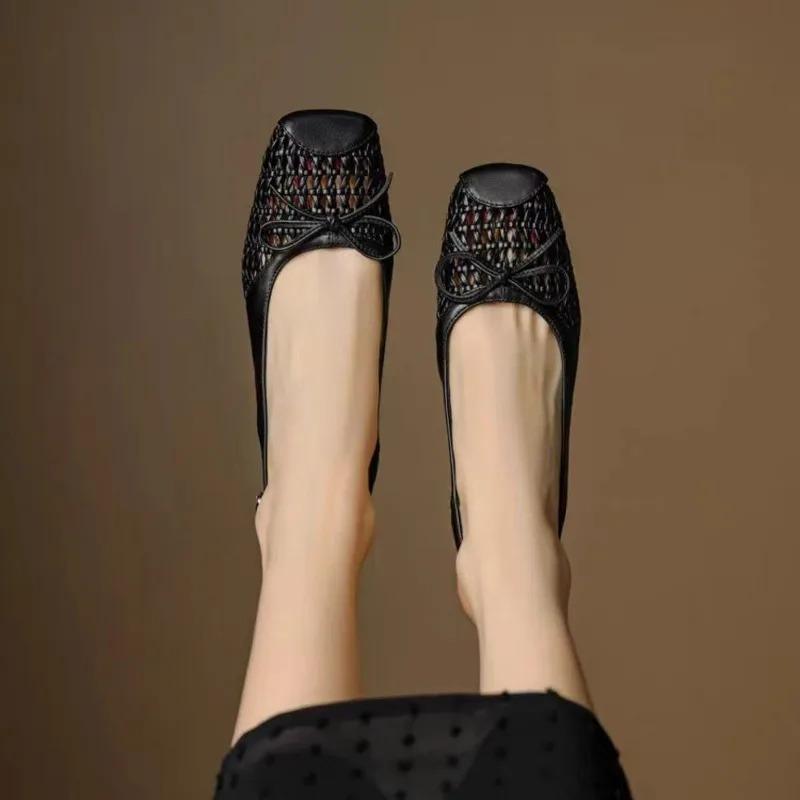 Retro Square Toe Woven High Heeled Sandals Summer Fashionable Breathable Single Buckle Thick Heeled Women's Shoes