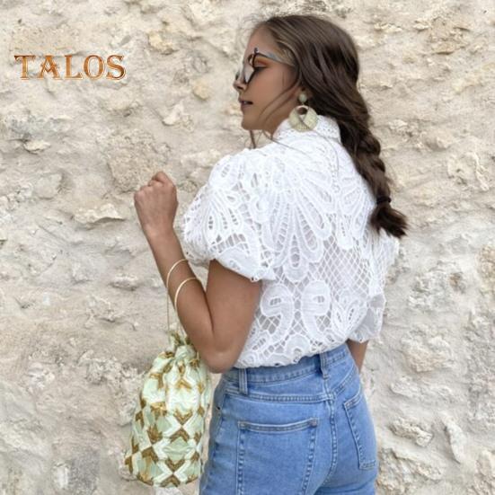 Women Shirt Lapel Puff Short Sleeve Slim Fit Shirt Tops Solid Color Button Closure Hollow Lace Crochet Blouse