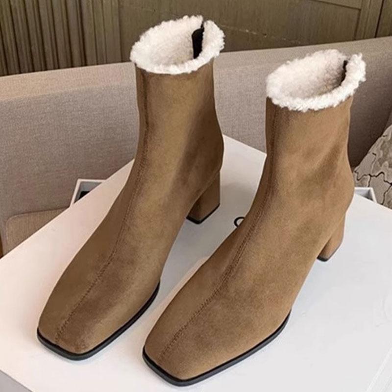 Дизайнерские теплые плюшевые женские ботильоны, модные туфли с квадратным носком и высоким каблуком, удобные хлопковые туфли Laides 35 кофейный