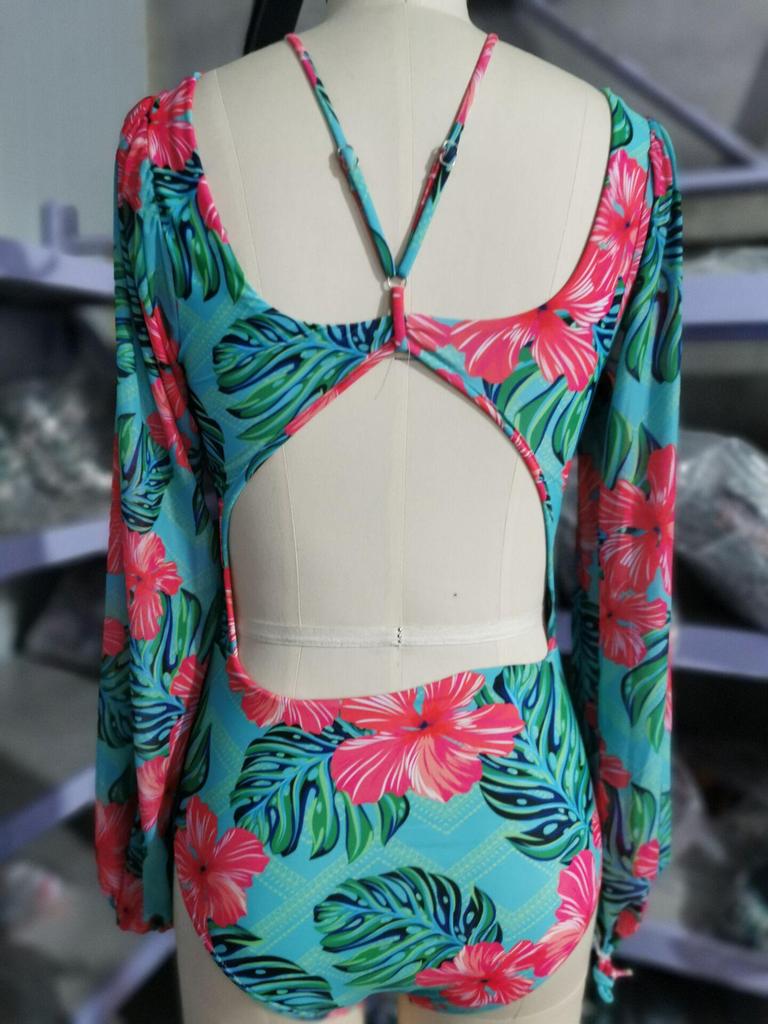 European & American Women's Sexy Gathered Long Sleeve One-Piece Print Swimsuit