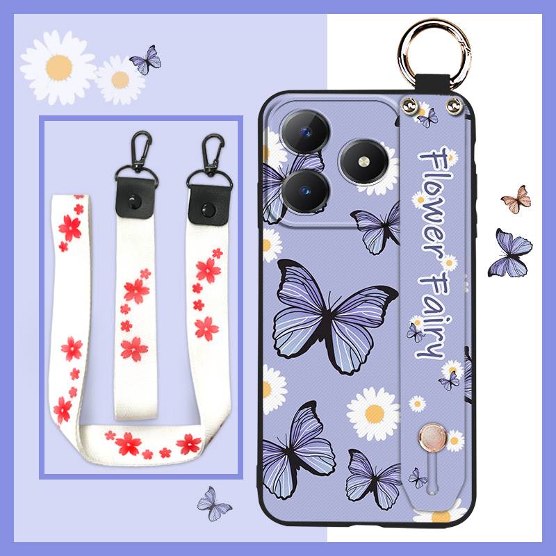 Soft Case Back Cover Phone Case For Realme C63 4G/C61 4G Wrist Strap Lanyard Protective Wristband Oil Painting Anti-dust