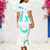 Women Plus Size V Neck Short Sleeve Blue White Pink Printed Fishtail Dress