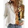 Women's Shirt Spring Fashion Clashing Color Patchwork Shirt Tops Blouse Temperament Sense Long Sleeve Cat Print Shirts