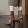 Autumn and Winter High-heeled British-style Square-head Pleated Low Boots