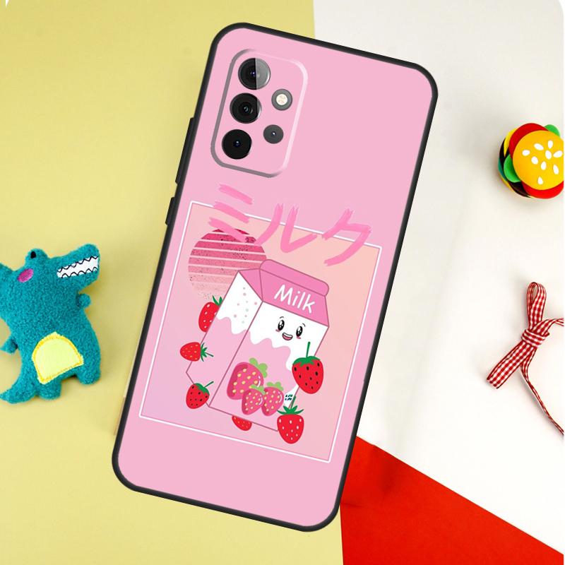 Kawaii Strawberry Milk For Samsung Galaxy A22 A32 A52 A54 A34 A14 A55 A35 A15 A53 A33 A13 A05 A06 A16 Phone Case