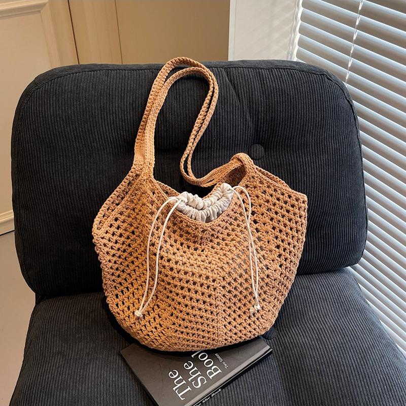 Yogodlns Summer Beach Woven Tote Bag For Women Hollow-out Lightweight Large Capacity Shopper Shoulder Bag with Inner